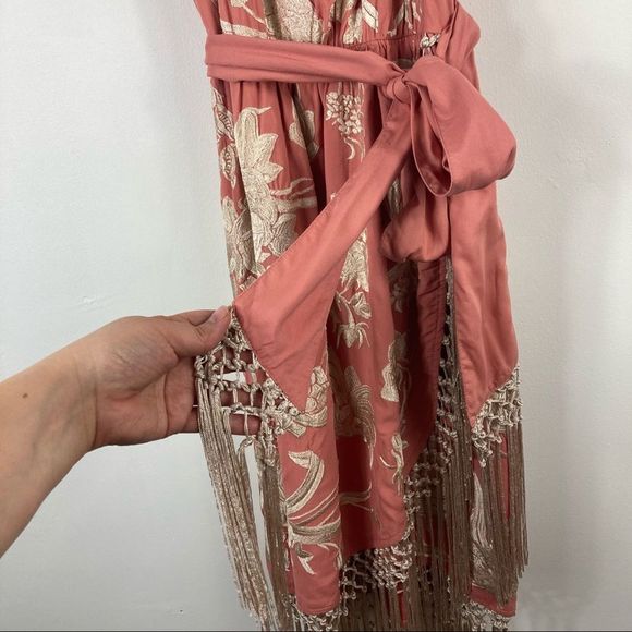 Anthropologie Pink Floral Embroidered Fringe Wrap Midi Dress Size 2P - Picture 6 of 16